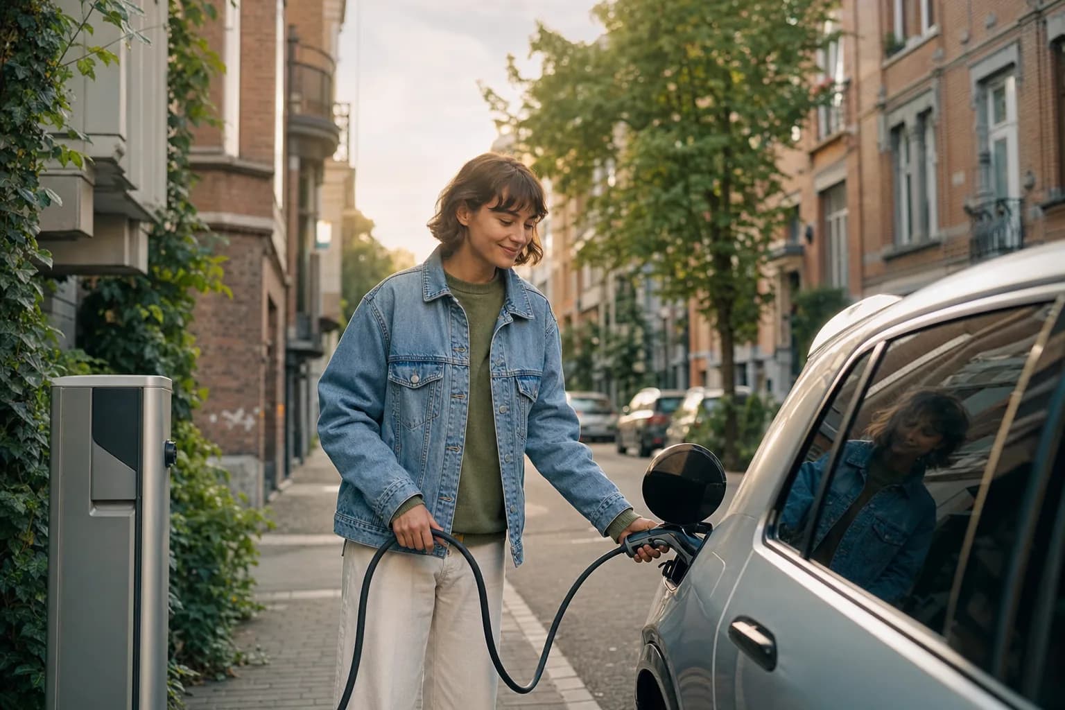 Une conductrice recharge sa voiture électrique dans une rue résidentielle belge